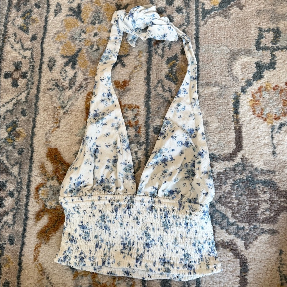 Garage Blue Floral Halter Smocked Top